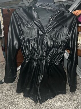 Faux Leather Black Fringe Romper with Elastic Waist
